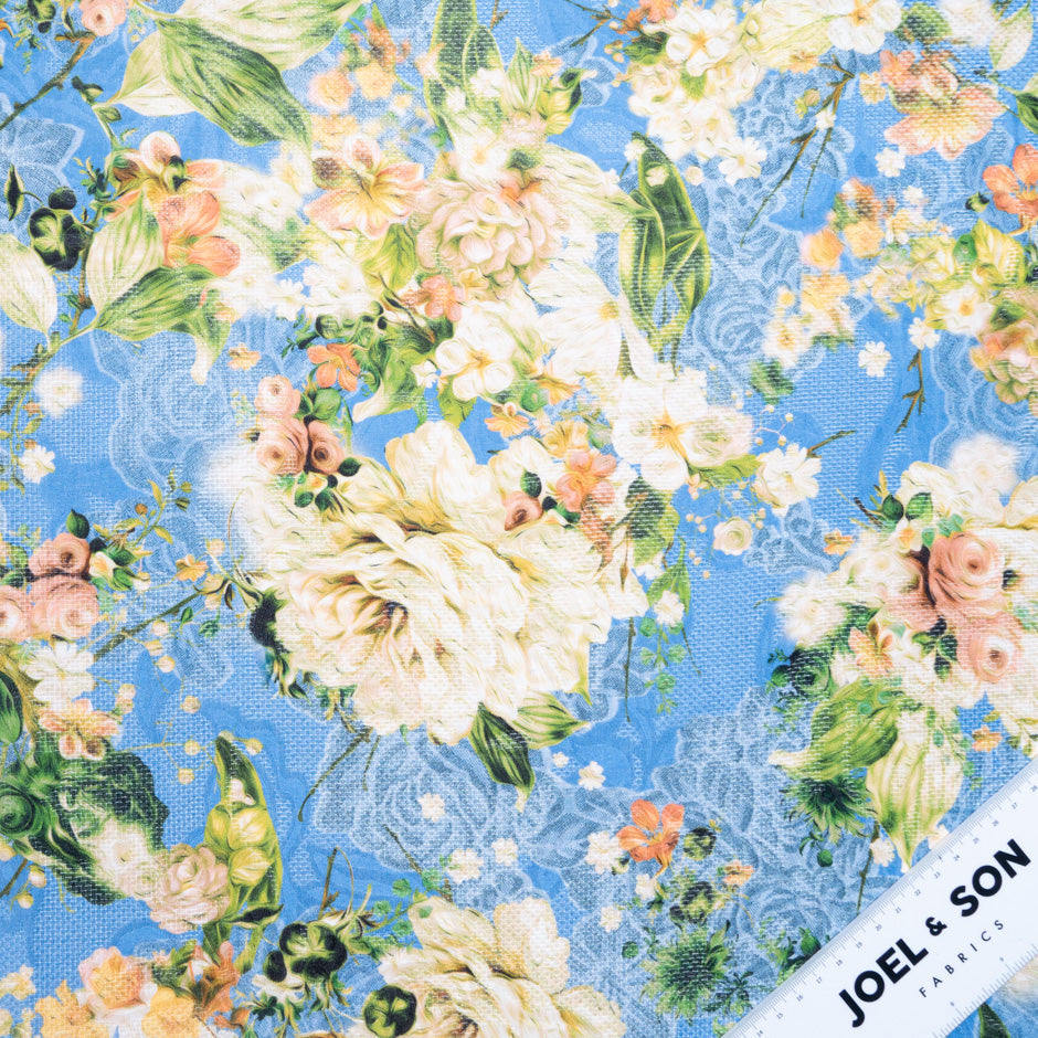 Orange Floral Printed Blue Jacquard Silk Organza