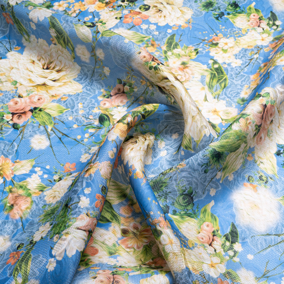Orange Floral Printed Blue Jacquard Silk Organza