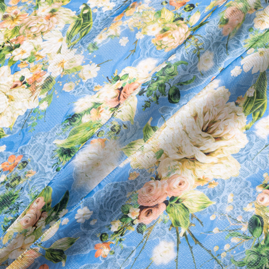 Orange Floral Printed Blue Jacquard Silk Organza