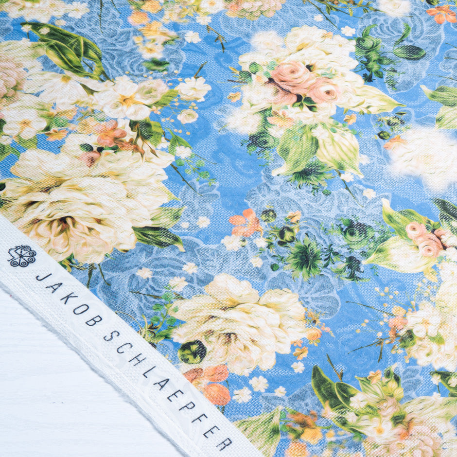 Orange Floral Printed Blue Jacquard Silk Organza