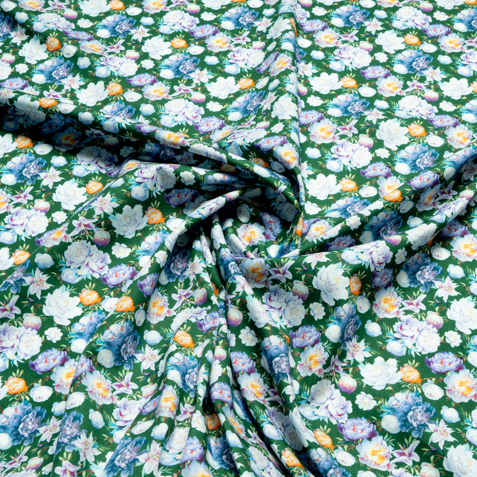 Lilac Floral Printed Deep Green Cotton