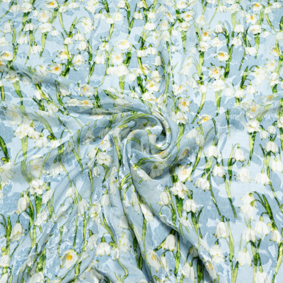 Snow Drop Printed Blue Silk Blend Devoré Velvet