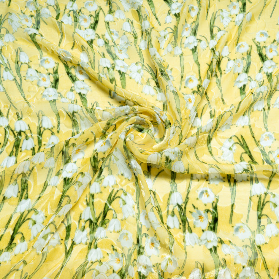 Snow Drop Printed Yellow Silk Blend Devoré Velvet