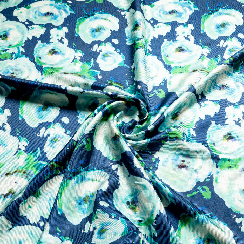 Ice Blue 'Watercolour' Floral Double Silk Twill