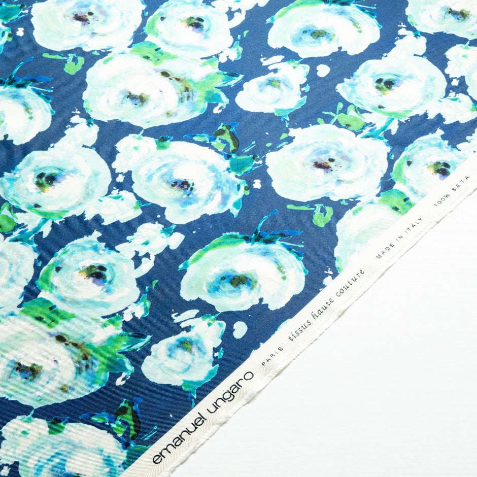 Ice Blue 'Watercolour' Floral Double Silk Twill