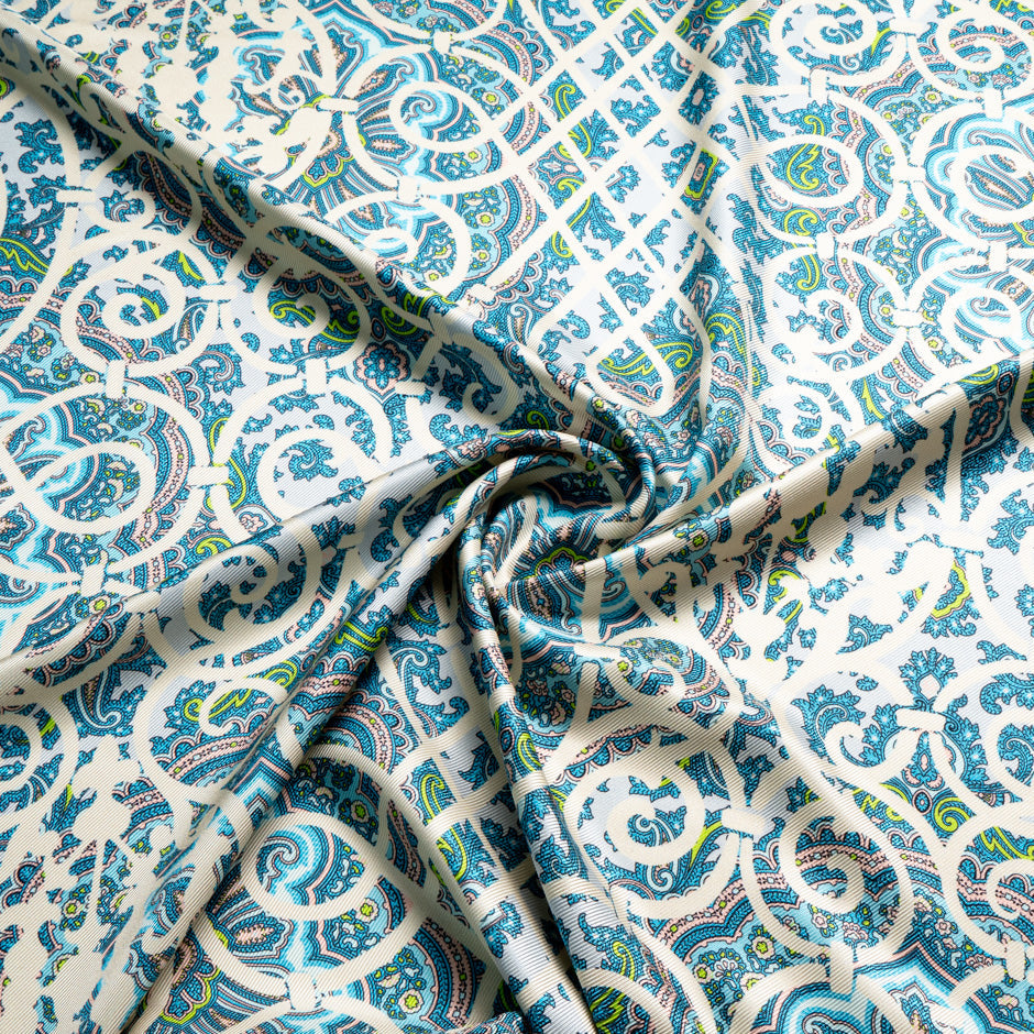 Pink & Blue Paisley Printed Double Silk Twill