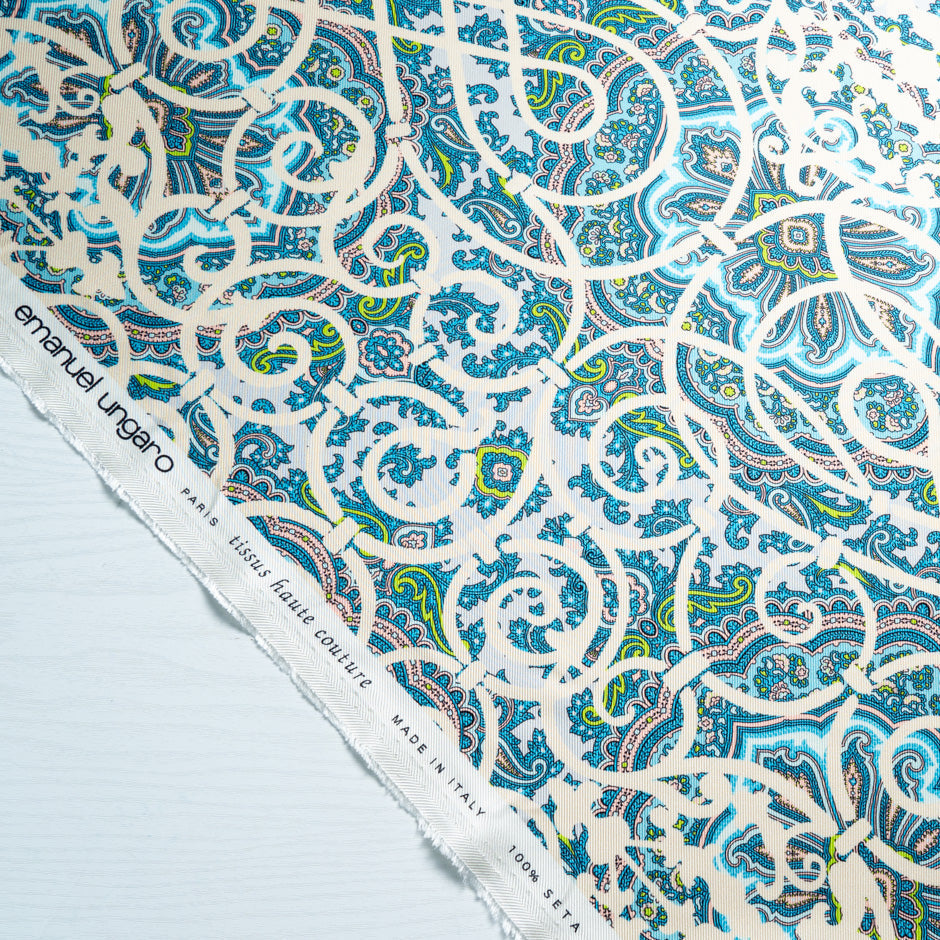 Pink & Blue Paisley Printed Double Silk Twill