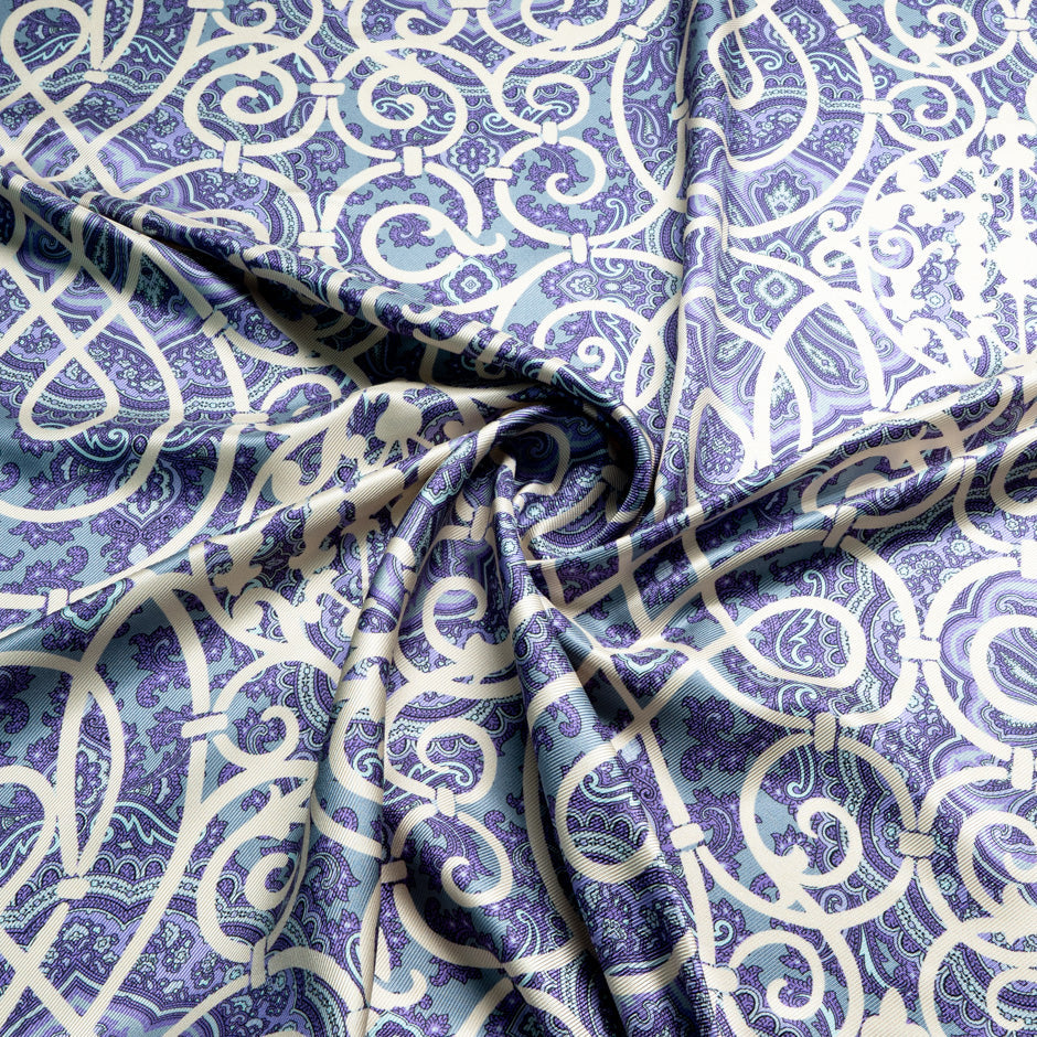 Lavender & Blue Paisley Printed Double Silk Twill