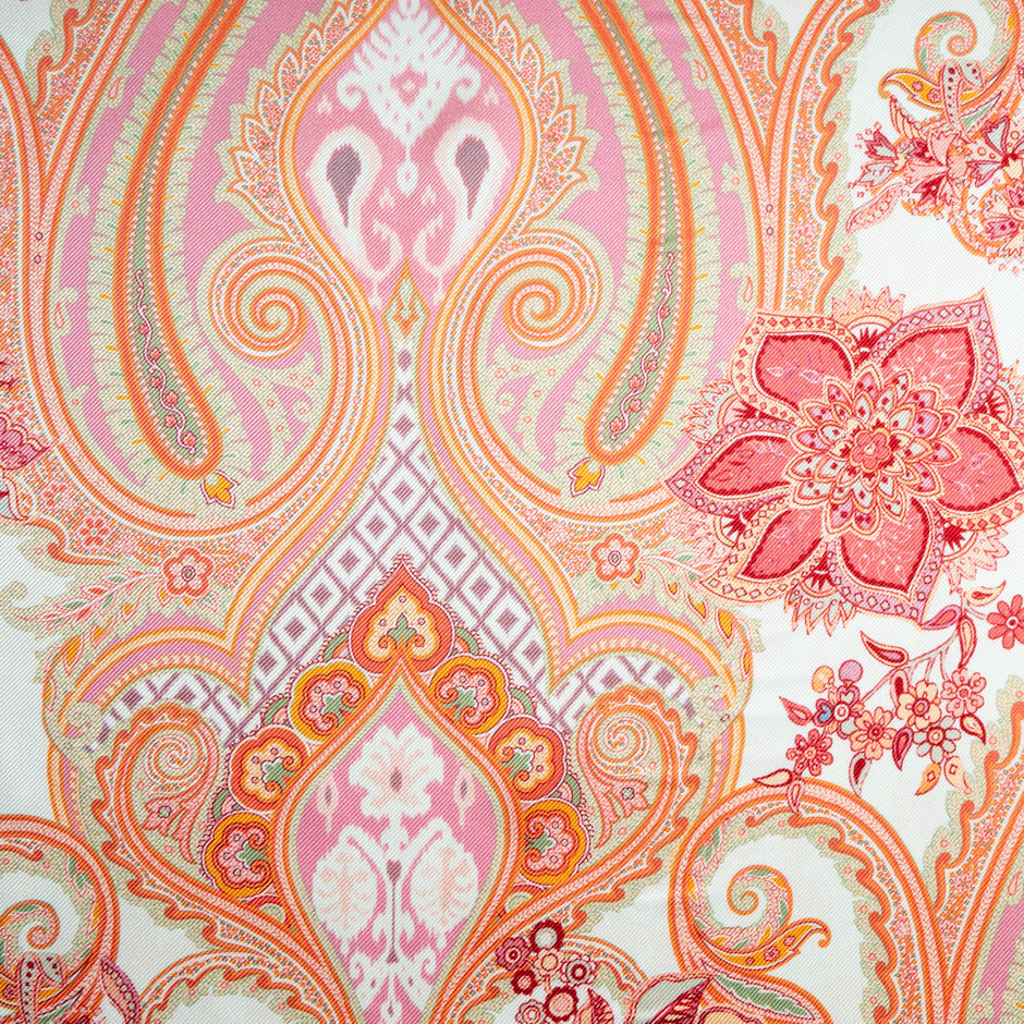 Orange & Pink Paisley Printed Double Silk Twill