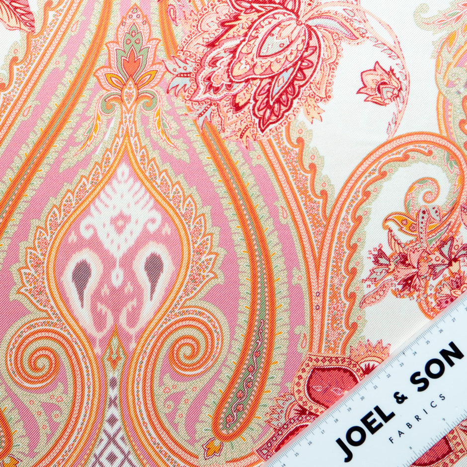 Orange & Pink Paisley Printed Double Silk Twill