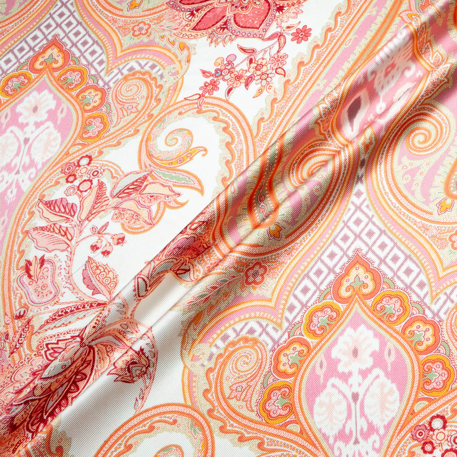 Orange & Pink Paisley Printed Double Silk Twill