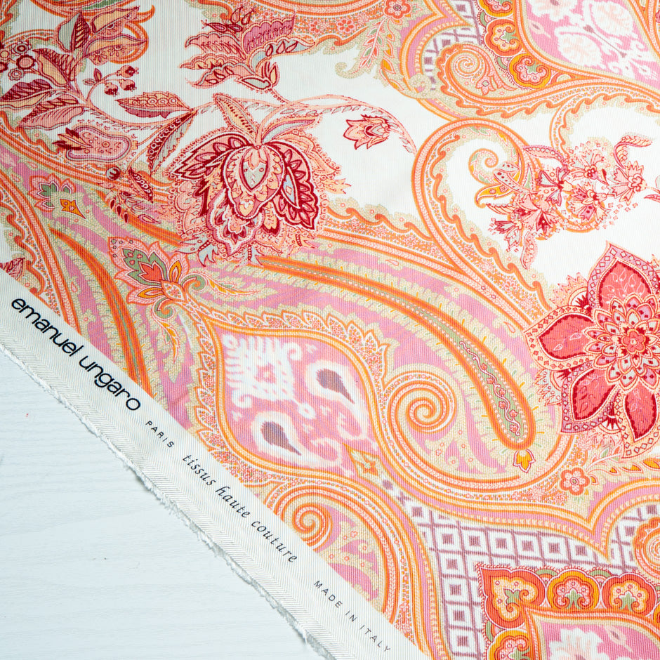 Orange & Pink Paisley Printed Double Silk Twill
