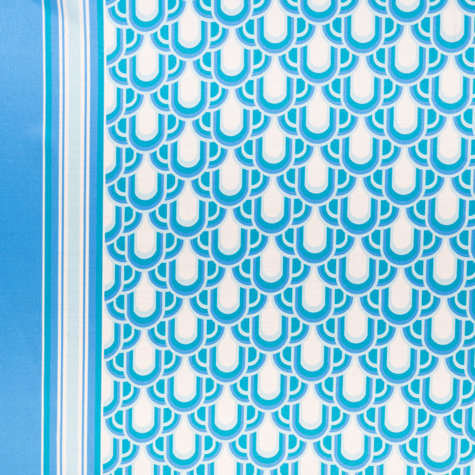 Blue, Teal & White Geo Printed Silk Satin