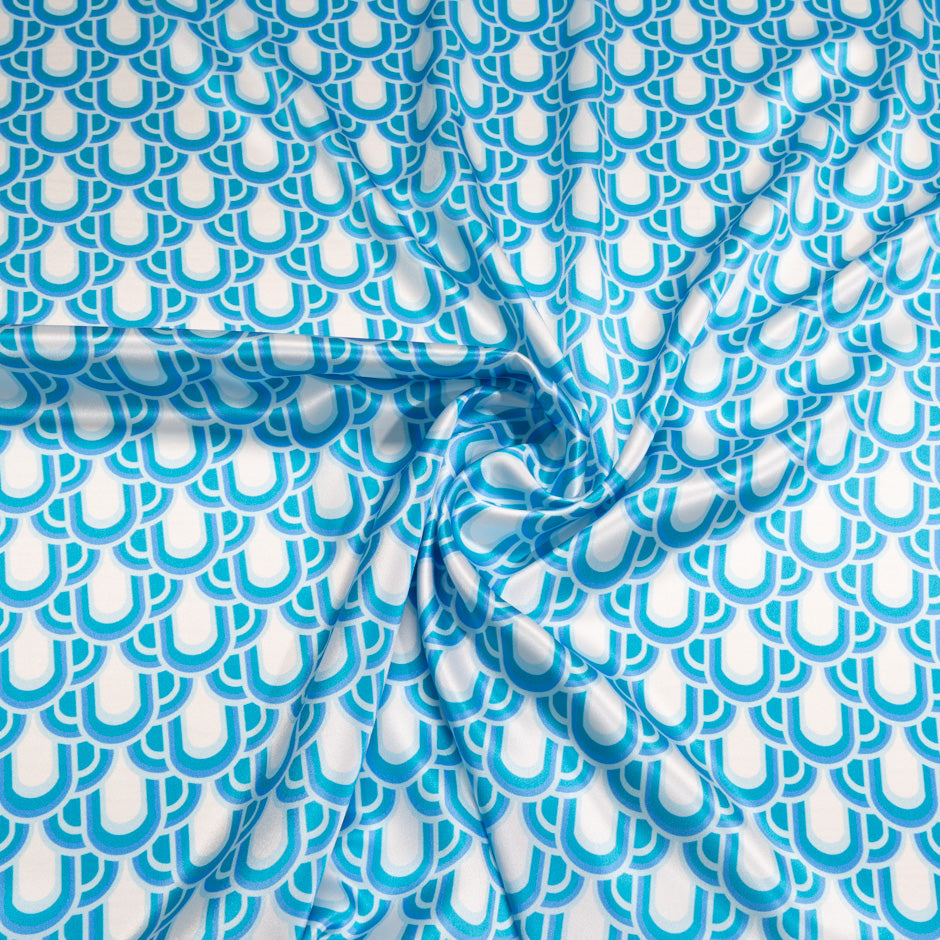 Blue, Teal & White Geo Printed Silk Satin