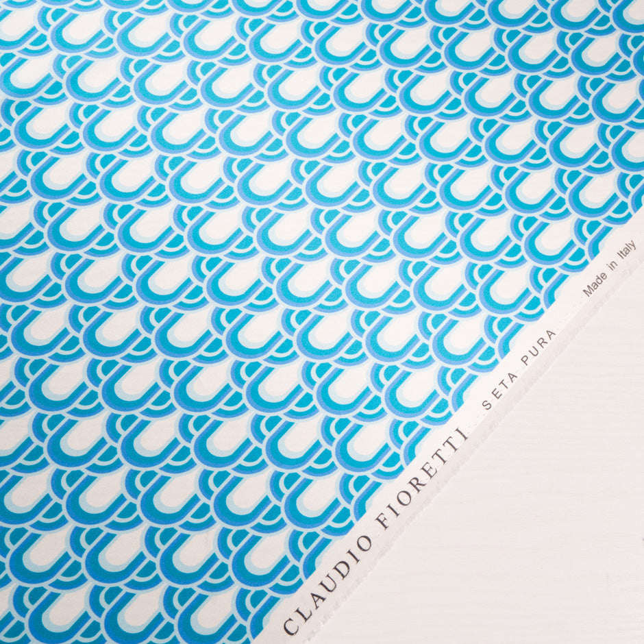 Blue, Teal & White Geo Printed Silk Satin
