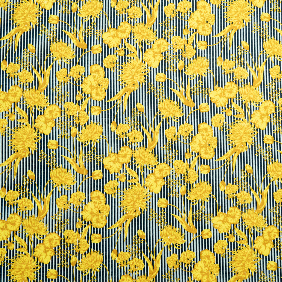 Yellow Floral Blue Striped Printed Linen