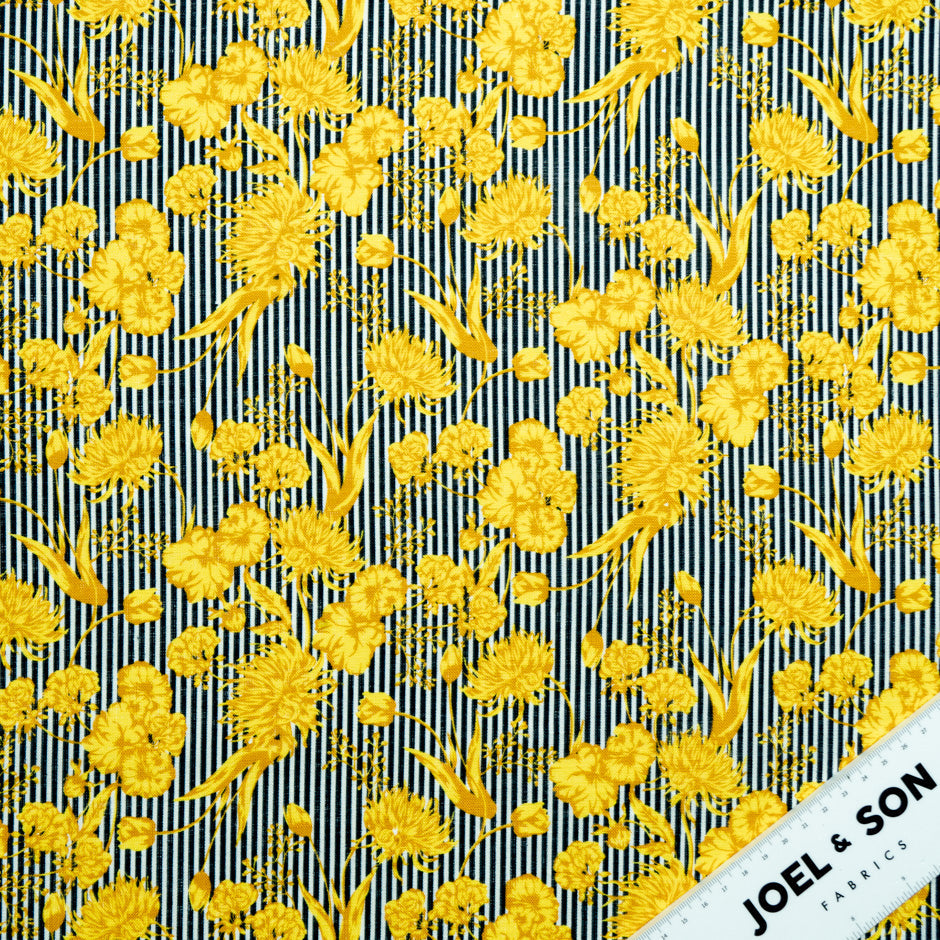 Yellow Floral Blue Striped Printed Linen