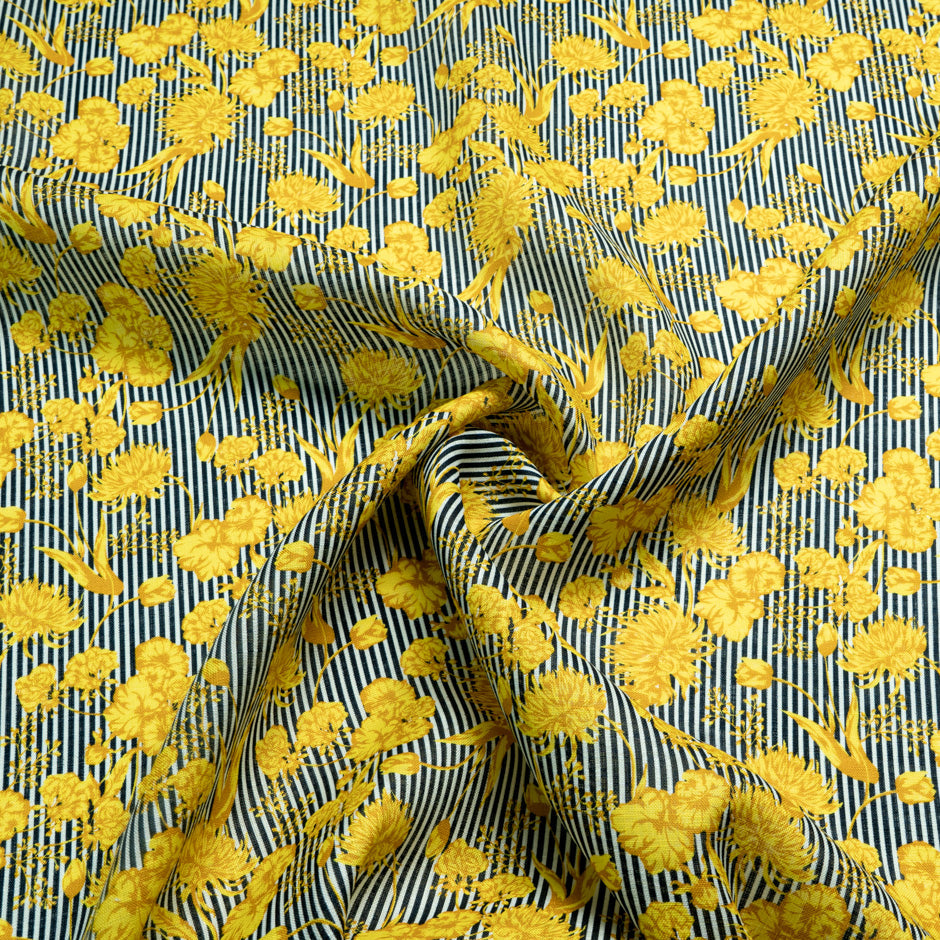 Yellow Floral Blue Striped Printed Linen
