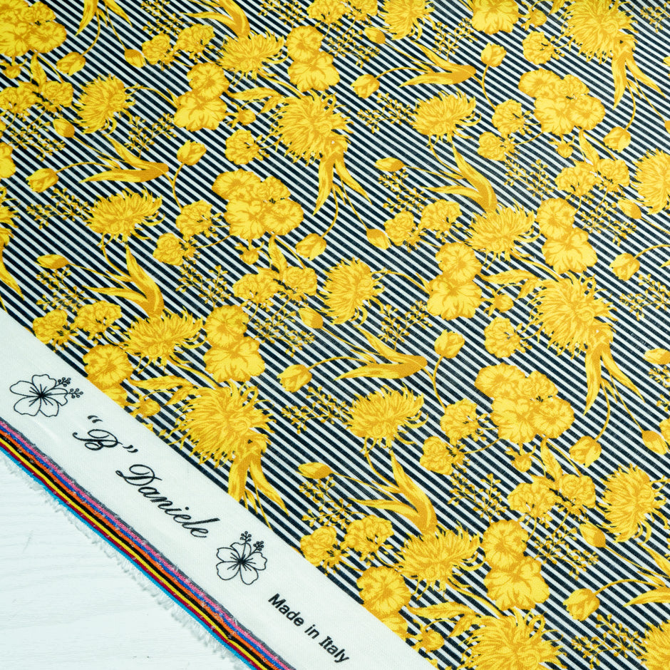 Yellow Floral Blue Striped Printed Linen