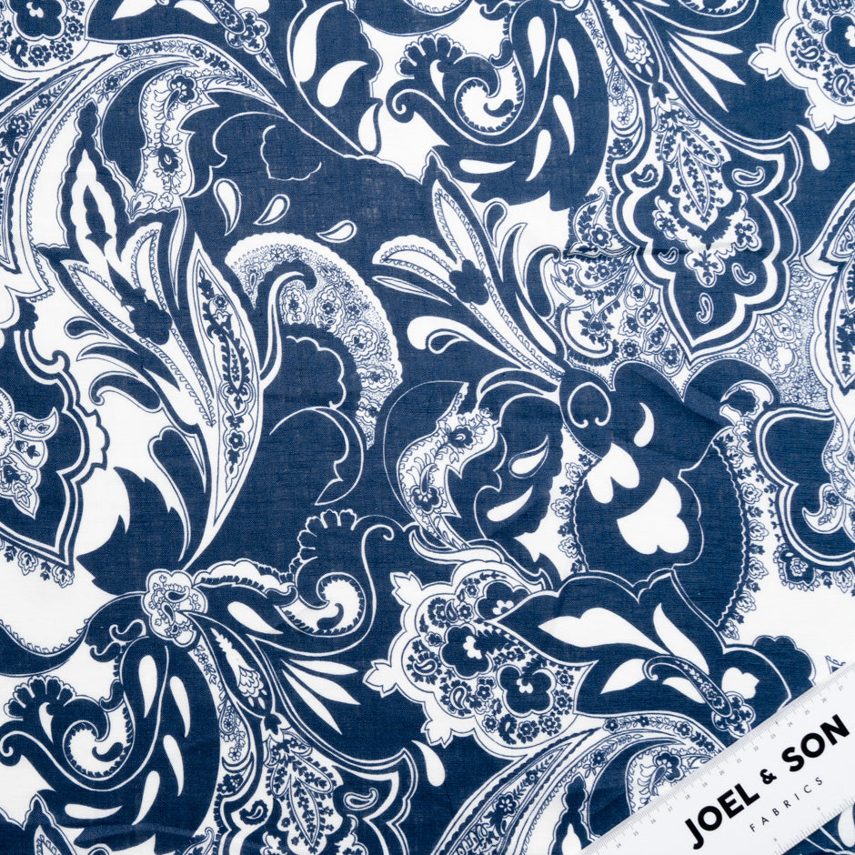 Navy Printed White Pure Linen