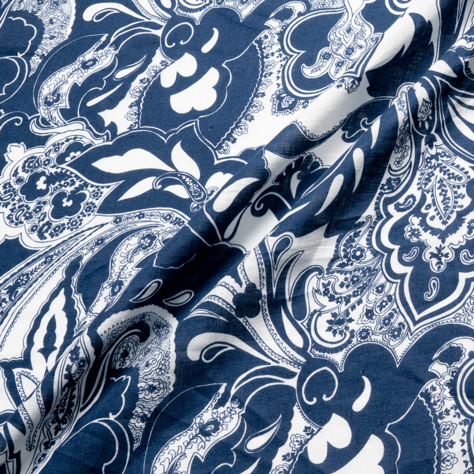 Navy Printed White Pure Linen