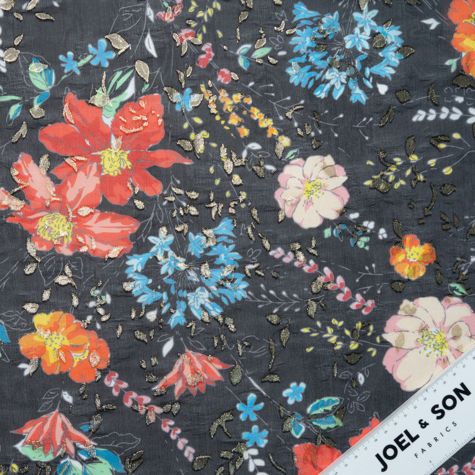 Multi Floral Printed Black Jacquard Georgette