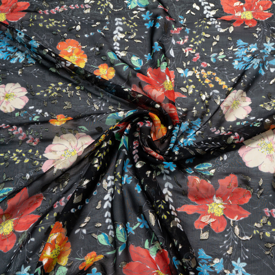 Multi Floral Printed Black Jacquard Georgette