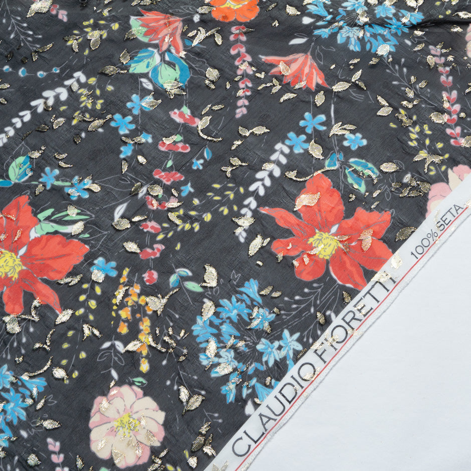 Multi Floral Printed Black Jacquard Georgette