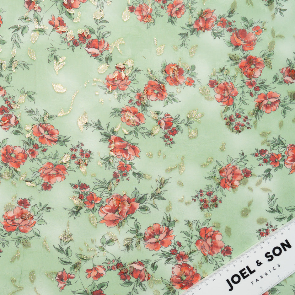 Poppy Printed Green Silk Metallic Jacquard Georgette