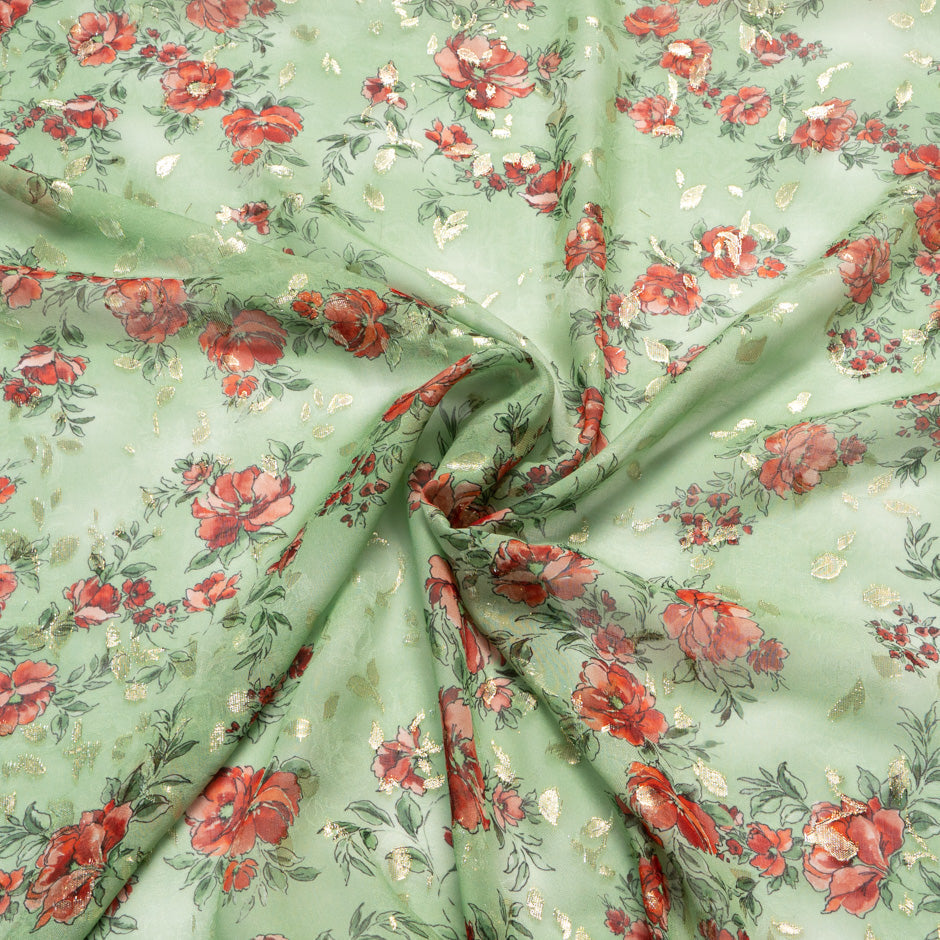 Poppy Printed Green Silk Metallic Jacquard Georgette