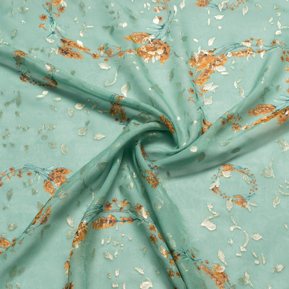 Floral Printed Eau de Nil Silk Metallic Jacquard Georgette