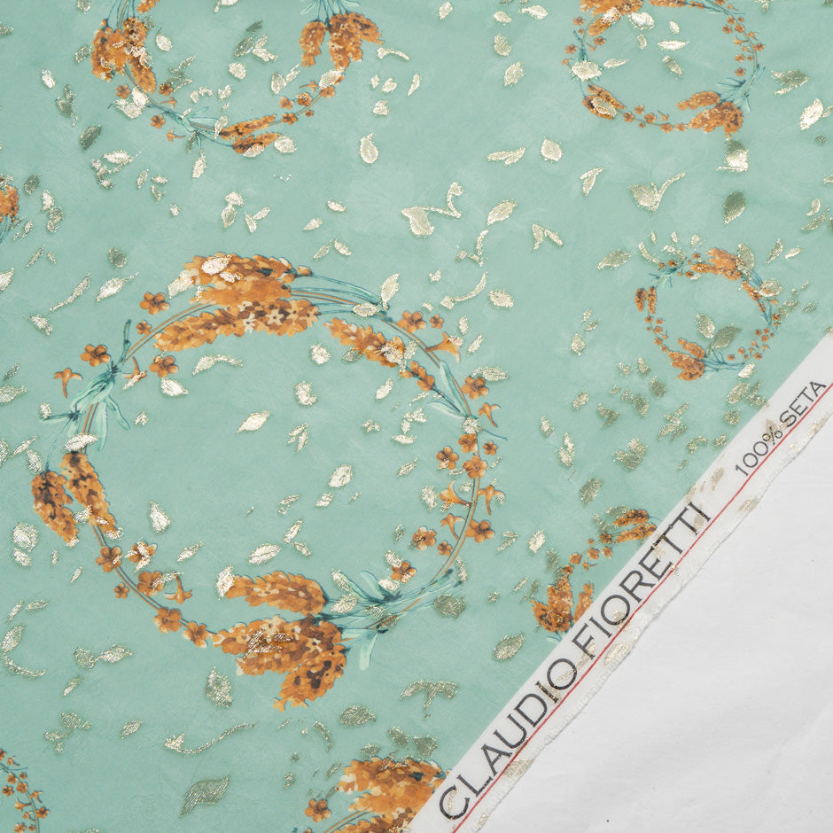Floral Printed Eau de Nil Silk Metallic Jacquard Georgette