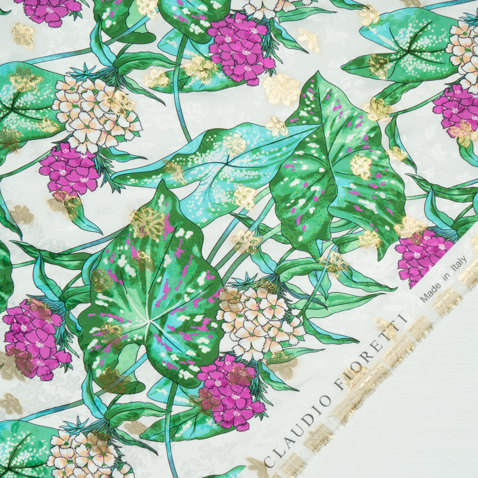 Fuchsia Floral Printed White Silk Metallic Jacquard