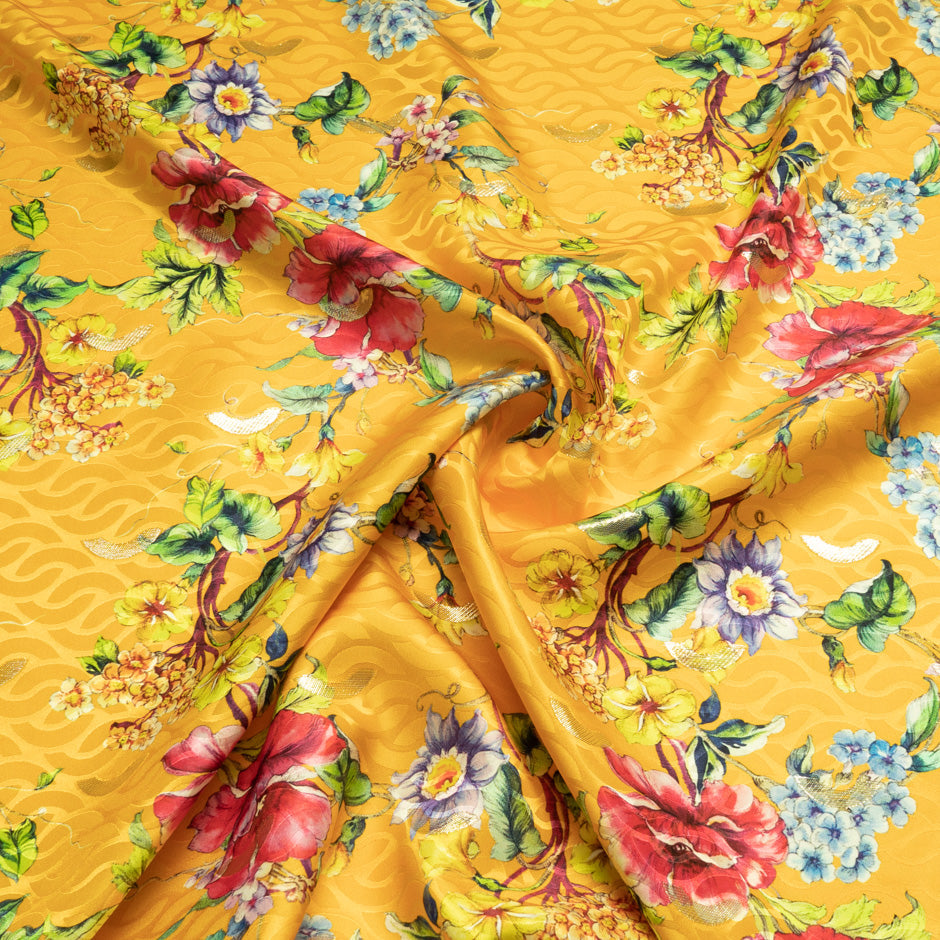 Floral Printed Deep Yellow Silk Jacquard