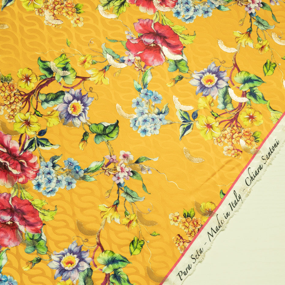 Floral Printed Deep Yellow Silk Jacquard