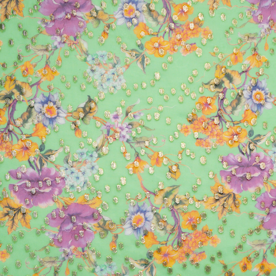 Orange Floral Printed Mint Silk Georgette Jacquard