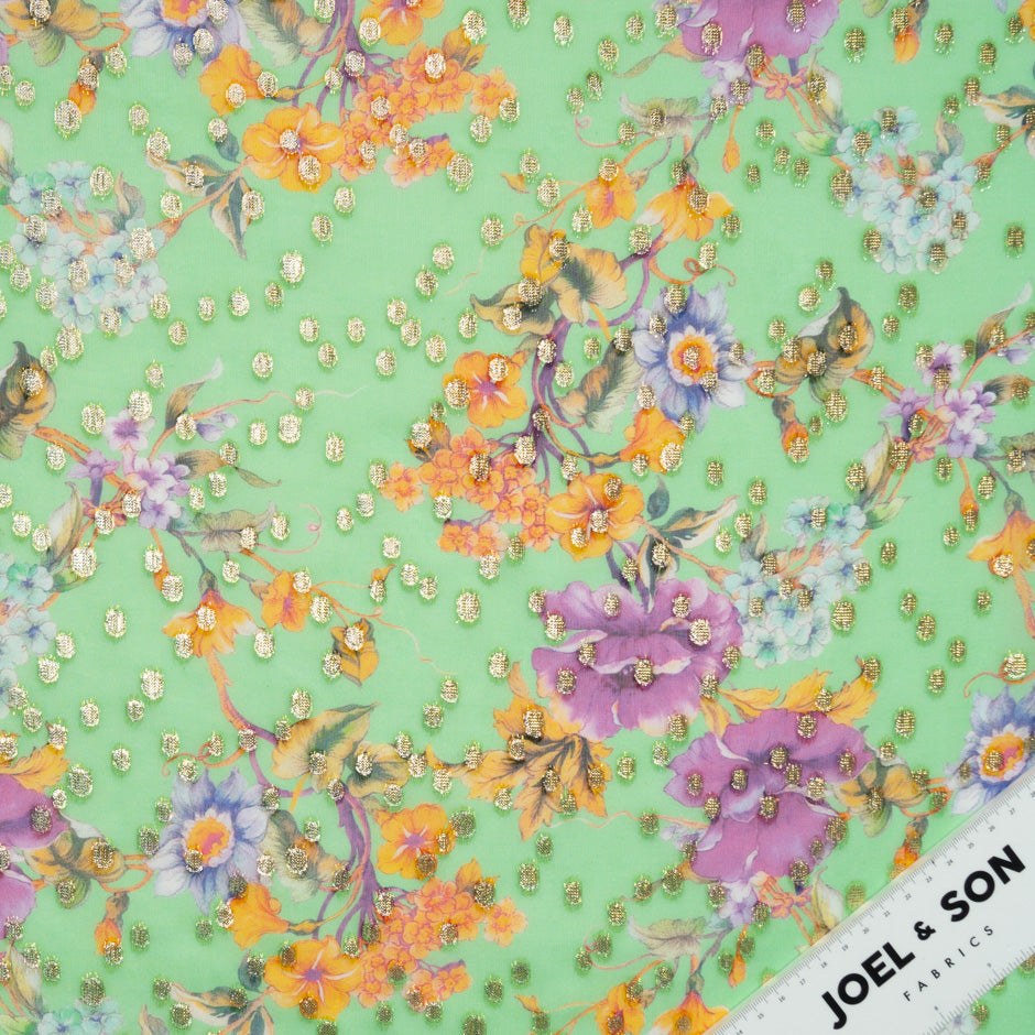 Orange Floral Printed Mint Silk Georgette Jacquard