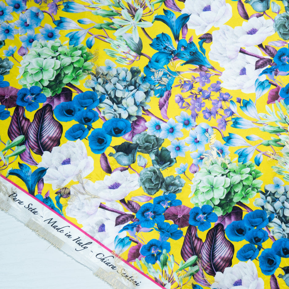 Multi Floral Printed Yellow Silk Jacquard