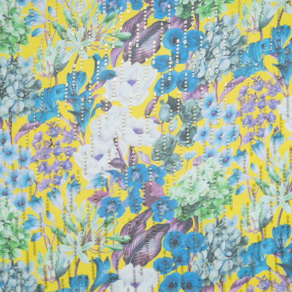 Multi Floral Printed Yellow Silk Georgette Jacquard