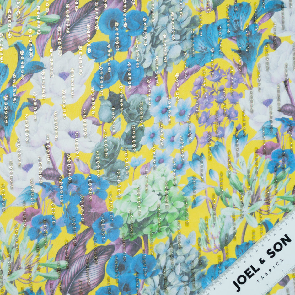 Multi Floral Printed Yellow Silk Georgette Jacquard