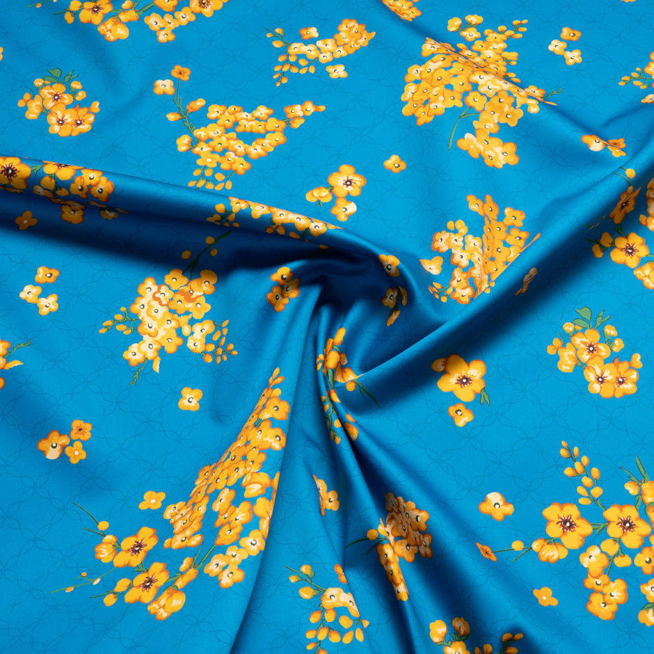 Yellow Floral Printed Rich Blue Luxury Cotton