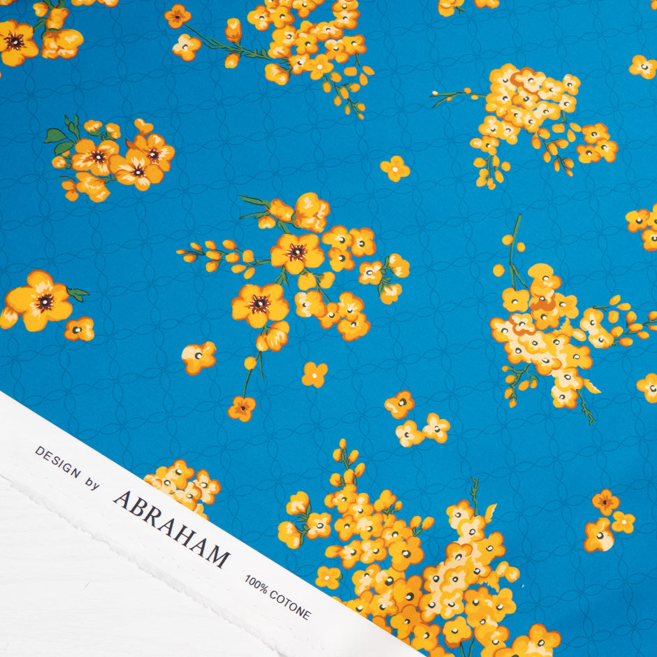 Yellow Floral Printed Rich Blue Luxury Cotton