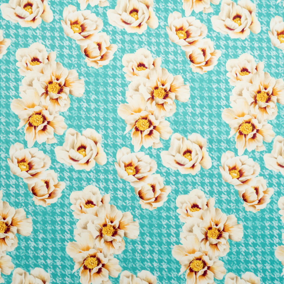 Floral Printed Aqua Blue Dogtooth Cotton