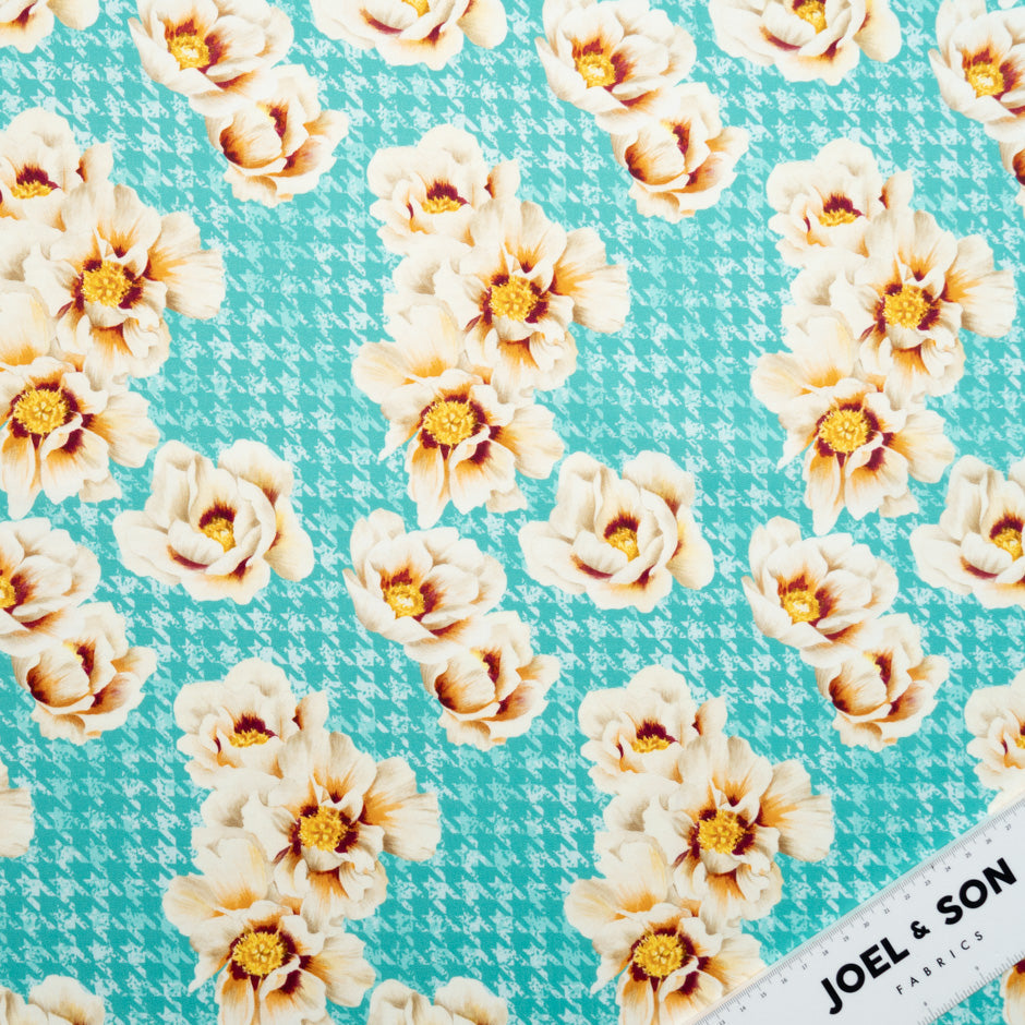 Floral Printed Aqua Blue Dogtooth Cotton