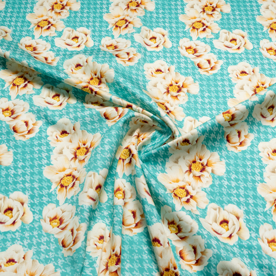 Floral Printed Aqua Blue Dogtooth Cotton