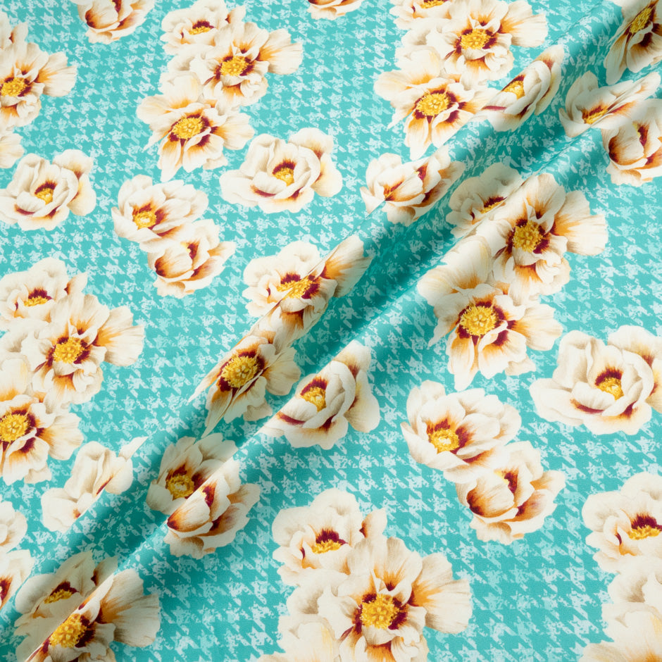 Floral Printed Aqua Blue Dogtooth Cotton