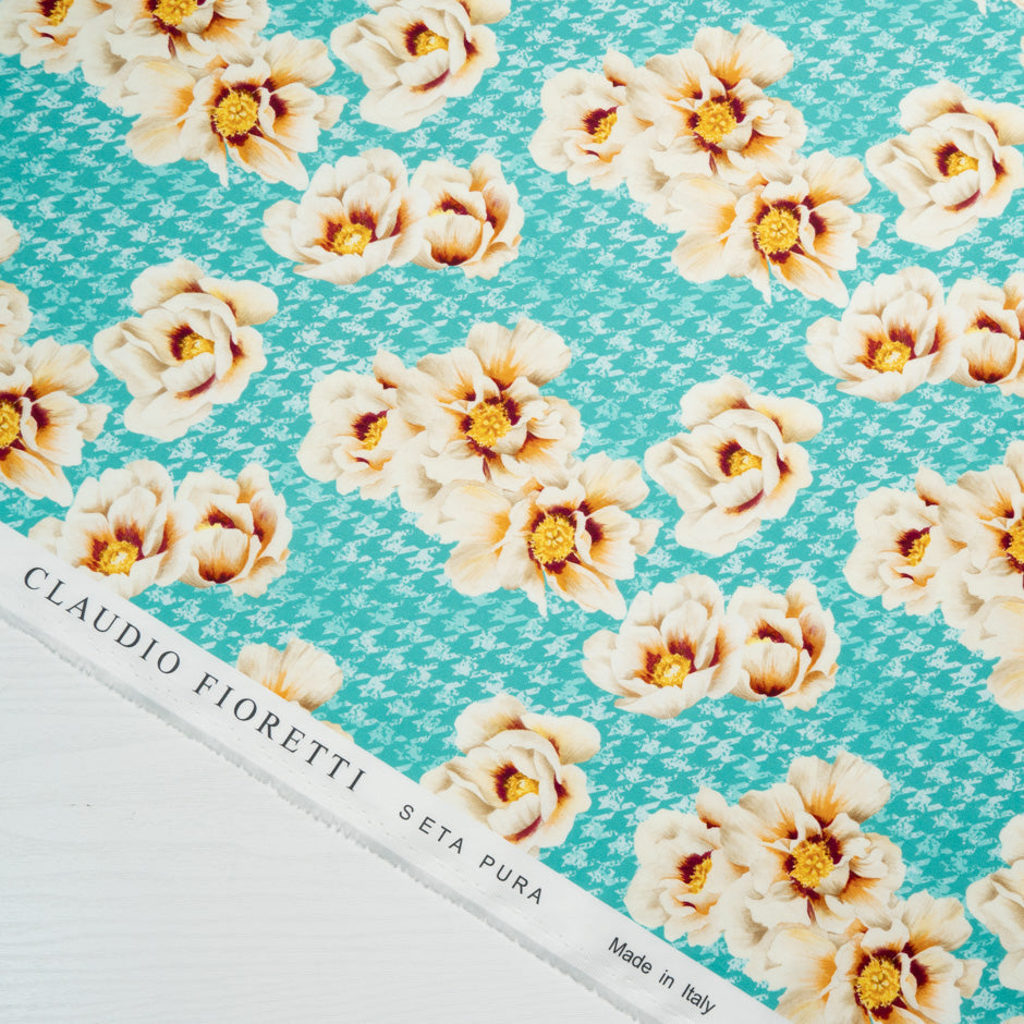 Floral Printed Aqua Blue Dogtooth Cotton