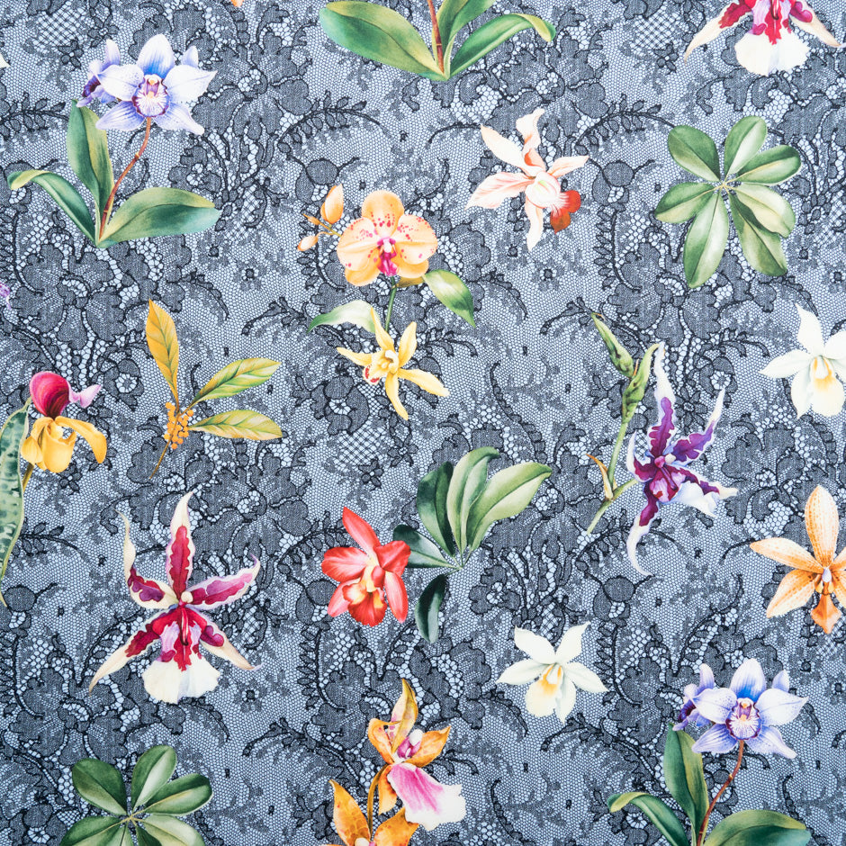 Orchid Floral & Lace Printed Blue Pure Cotton