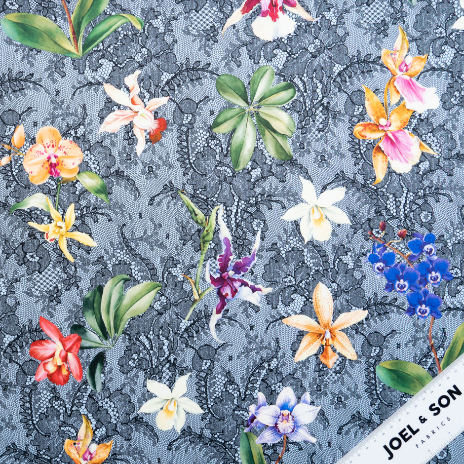 Orchid Floral & Lace Printed Blue Pure Cotton