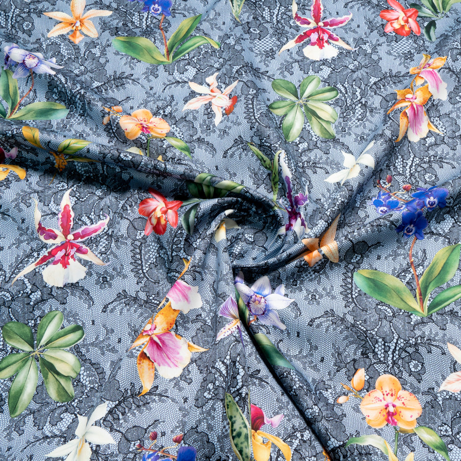 Orchid Floral & Lace Printed Blue Pure Cotton